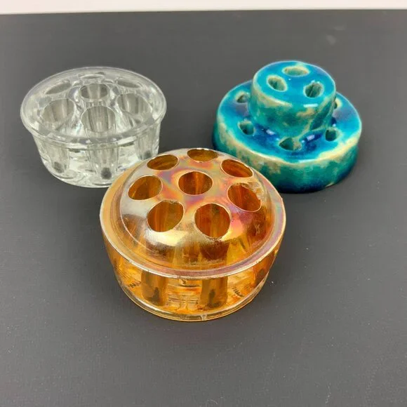 Vintage Flower Frogs Set Of 3 Clear, Carnival Glass, Ceramic - Picture 12 of 16